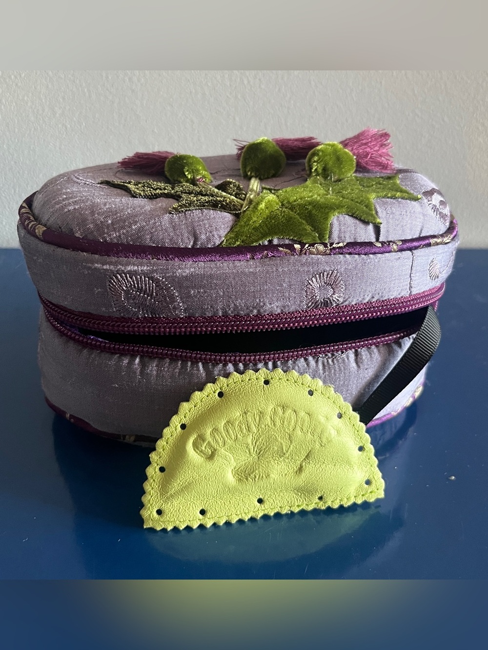 Goody Goody California jewelry case brocade fabric with embroidered thistles.